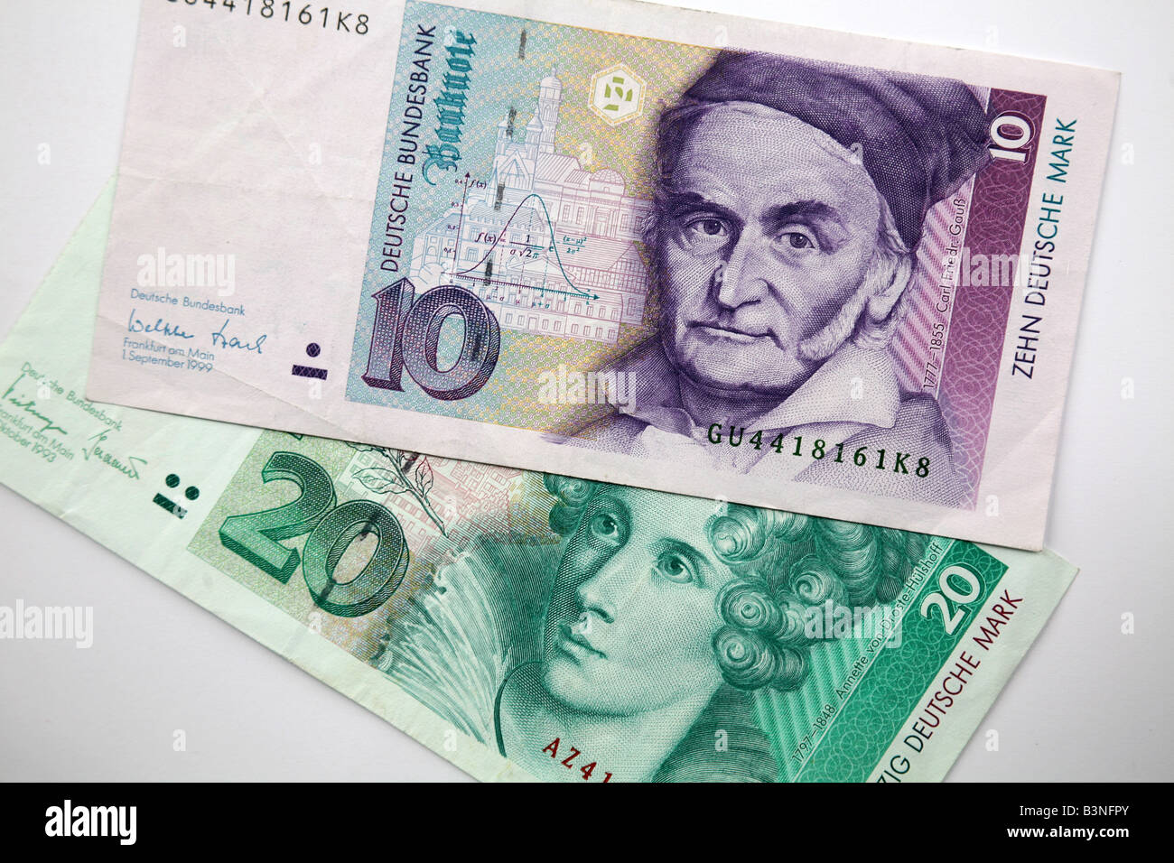 Close up of a traditional German 10 and 20 Ten Deutsche Mark banknote Stock Photo