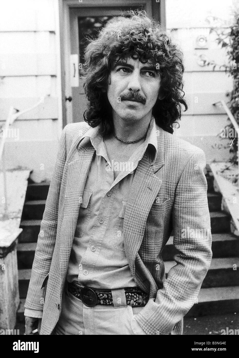 George Harrison Singer with the Beatles Pop Group August 78 is pictured leaving Princess Christian Nursing Home at Windsor where he visited his girlfriend Olivia Arias who just gave birth to a baby boy Dahni Stock Photo