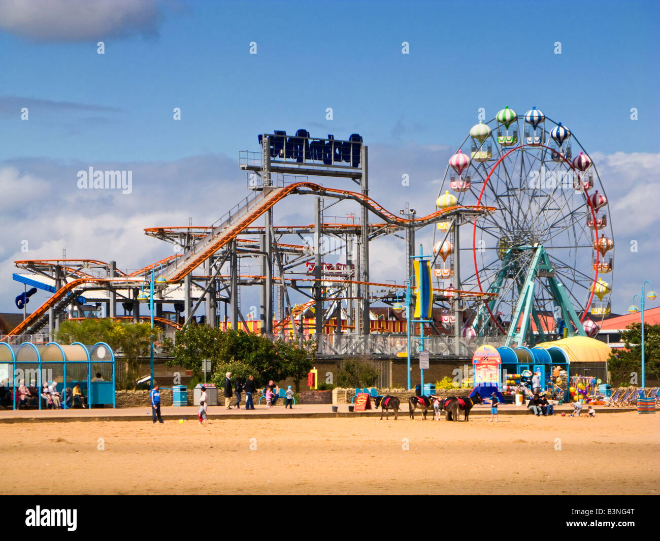 Skegness pleasure beach fairground amusement park on the beach, Skegness, Lincolnshire, England, UK Stock Photo