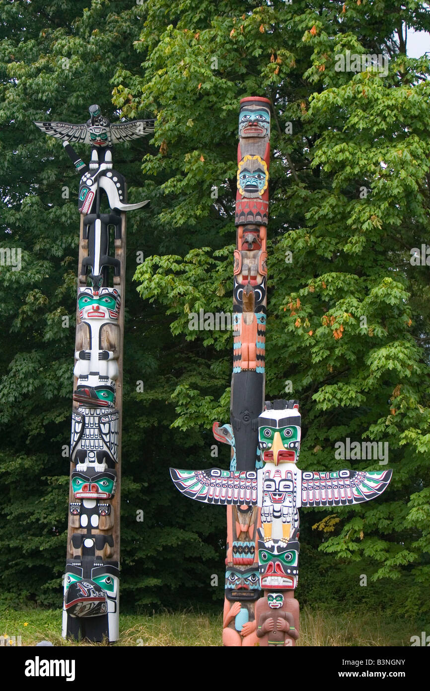 Totem poles located in Stanley Park at Vancouver British Columbia Canada Stock Photo