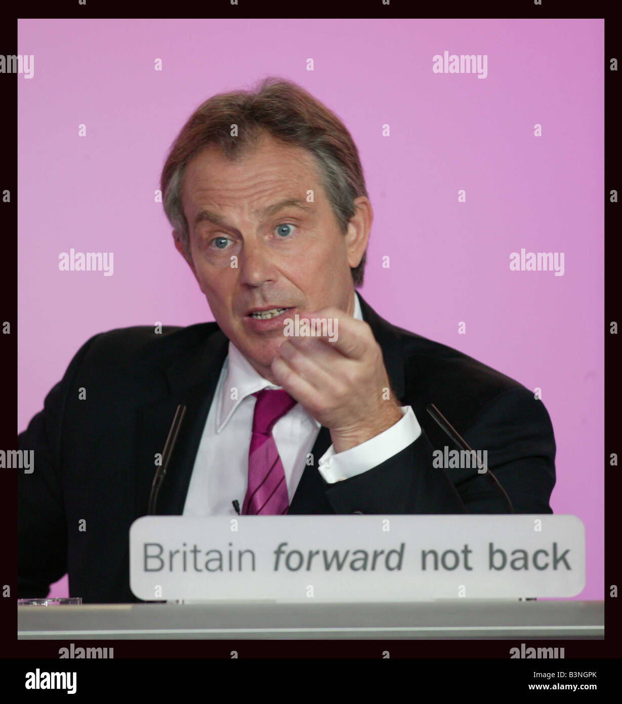 UK Prime Minister Tony Blair started campaigning for a third term today focusing on his eight year record in office while the opposition Conservative Party questioned voters ability to trust government Speaking in Parliament for the last time before voters go to the polls on May 5 Blair said the Labour government has held down interest rates and unemployment Conservative Leader Michael Howard said Blair broke his promises to keep a lid on taxes asking Why should people ever believe them again Blair and Brown then attended a Press conference in London April 2005 Stock Photo