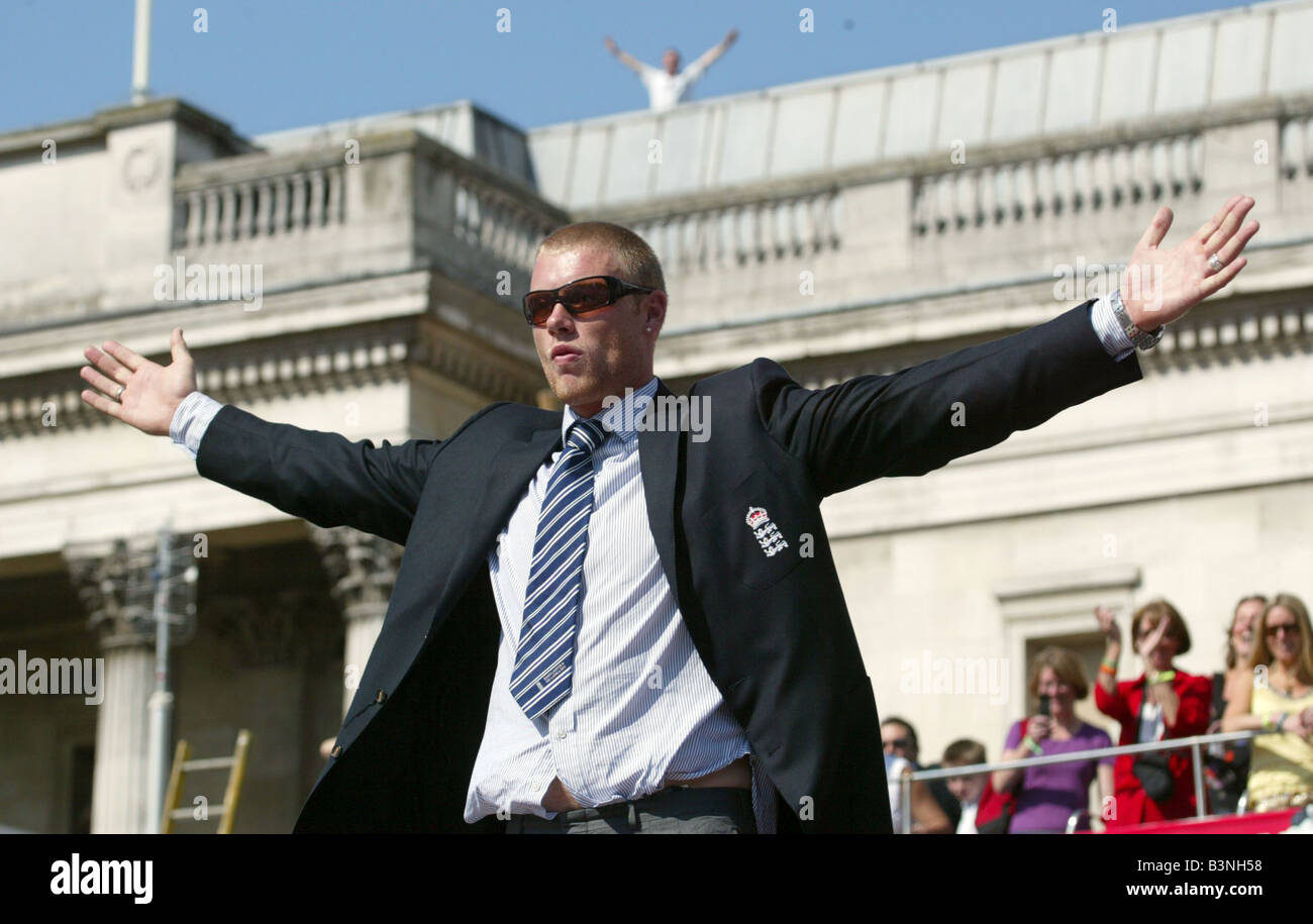 Ashes Celebrations September 2005 Flintoff on stage in Trafalgar Square today sfter winning the Ashes back yesterday England were triumphant against Australia for the first time in 18 years when they drew in the fifth test to clinch the 2005 Ashes Stock Photo