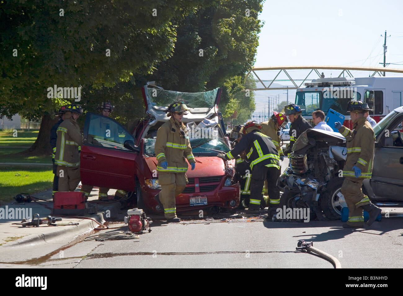 Firefighers respond to a traffic accident in Boise Idaho Stock Photo