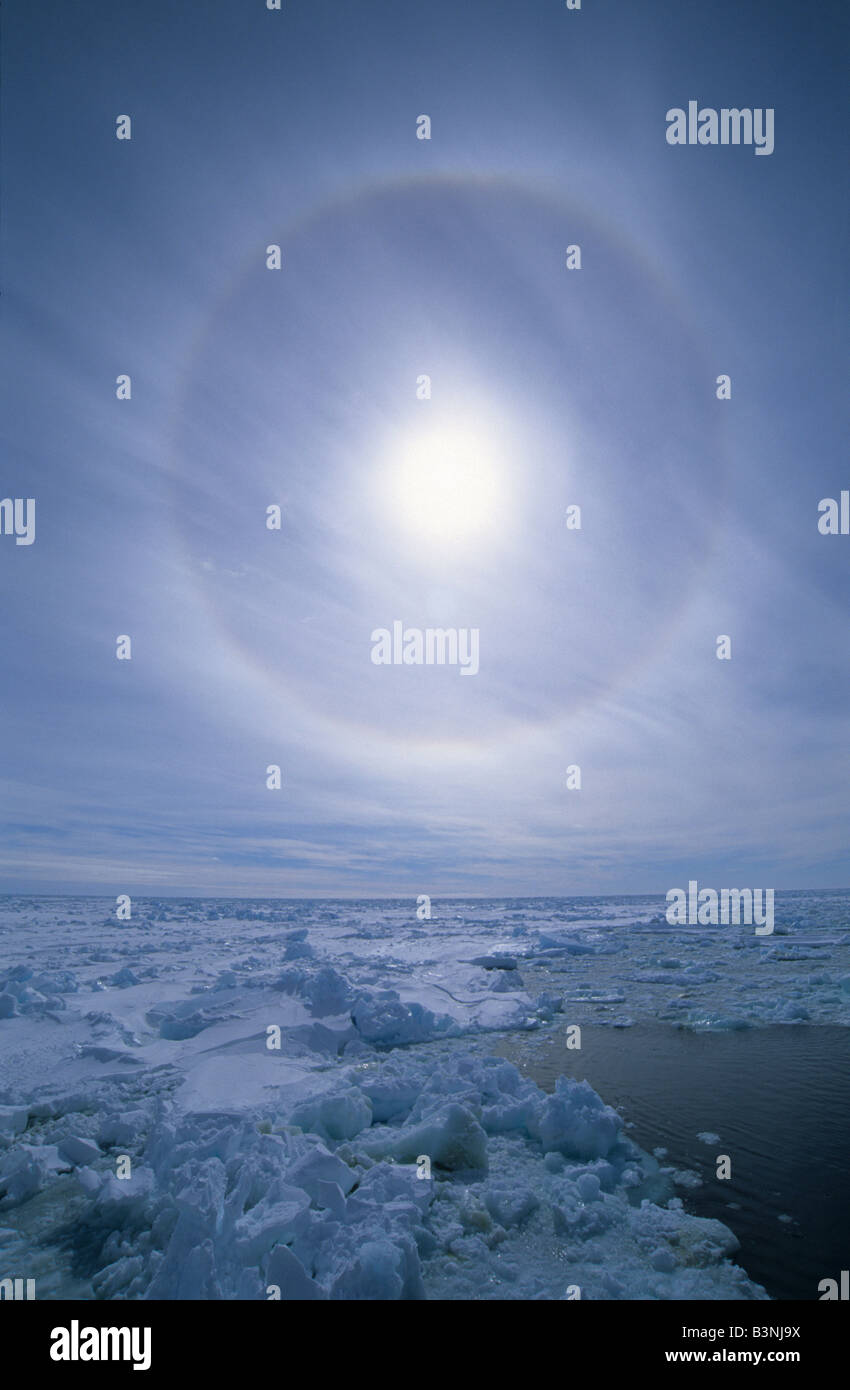 22 degree Halo around sun, Antarctica Stock Photo