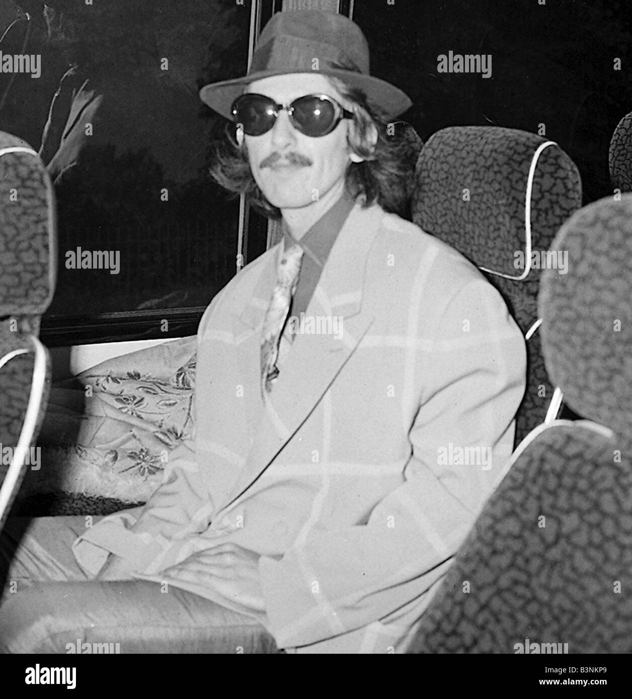 Beatles files 1967 George Harrison aboard Magical mystery tour bus September 1967 Stock Photo