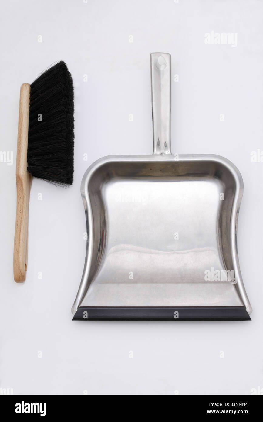 Dust brush and dustpan, elevated view Stock Photo