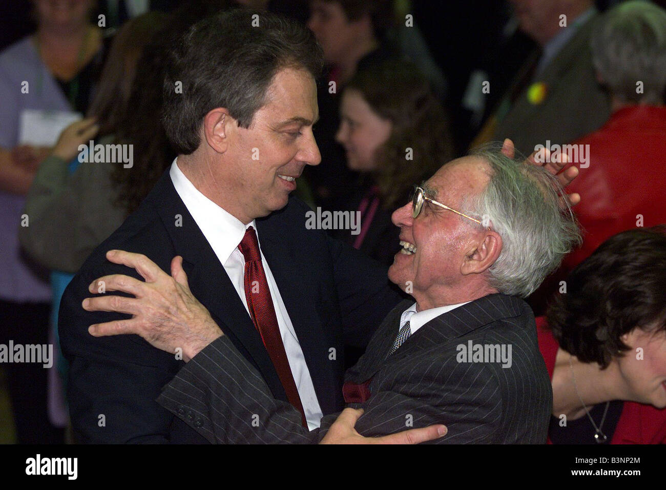 Prime Minister Tony Blair June 2001 hugs his father Leo Blair after