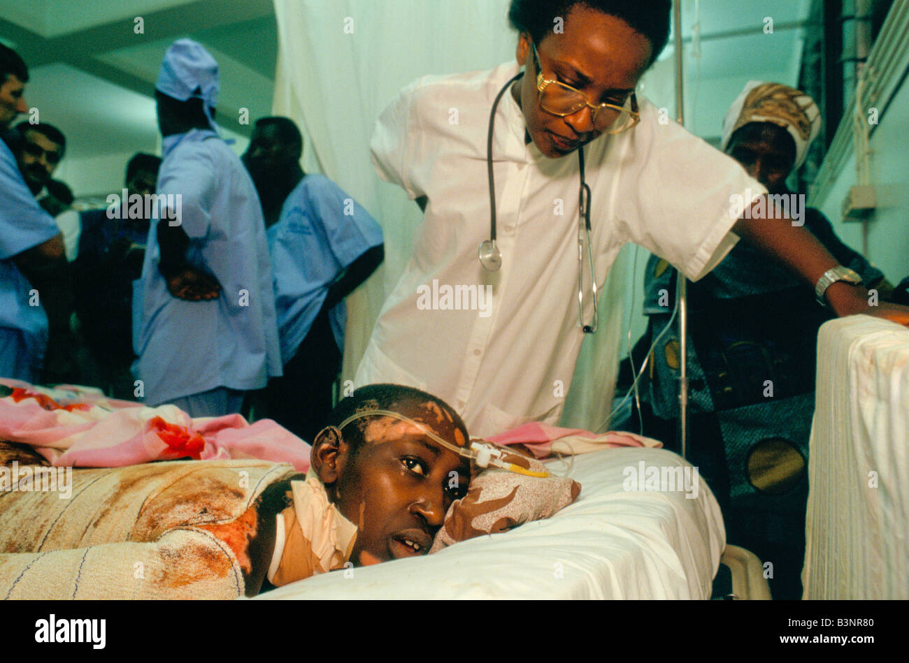 Burundi's ethnic strife', Mediatice Masurugume, 16,  in a hospital in the capital, Bujumbura, survived a massacre where  20 fellow Tutsi school children were burnt to death. Stock Photo