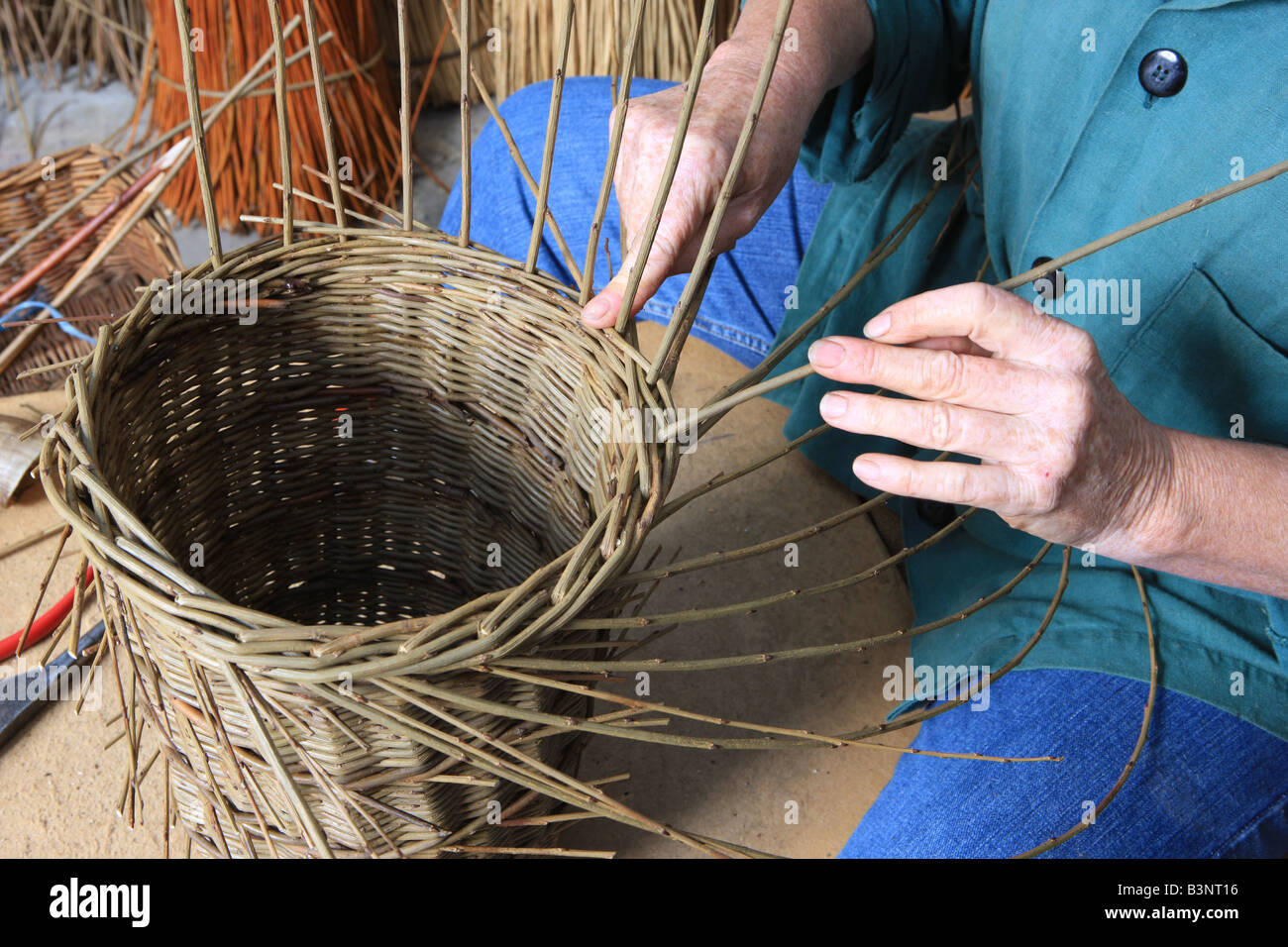 Norah Kennedy making traditional baskets from willow in her workshop in the Stroud Valley Gloucestershire England UK Stock Photo