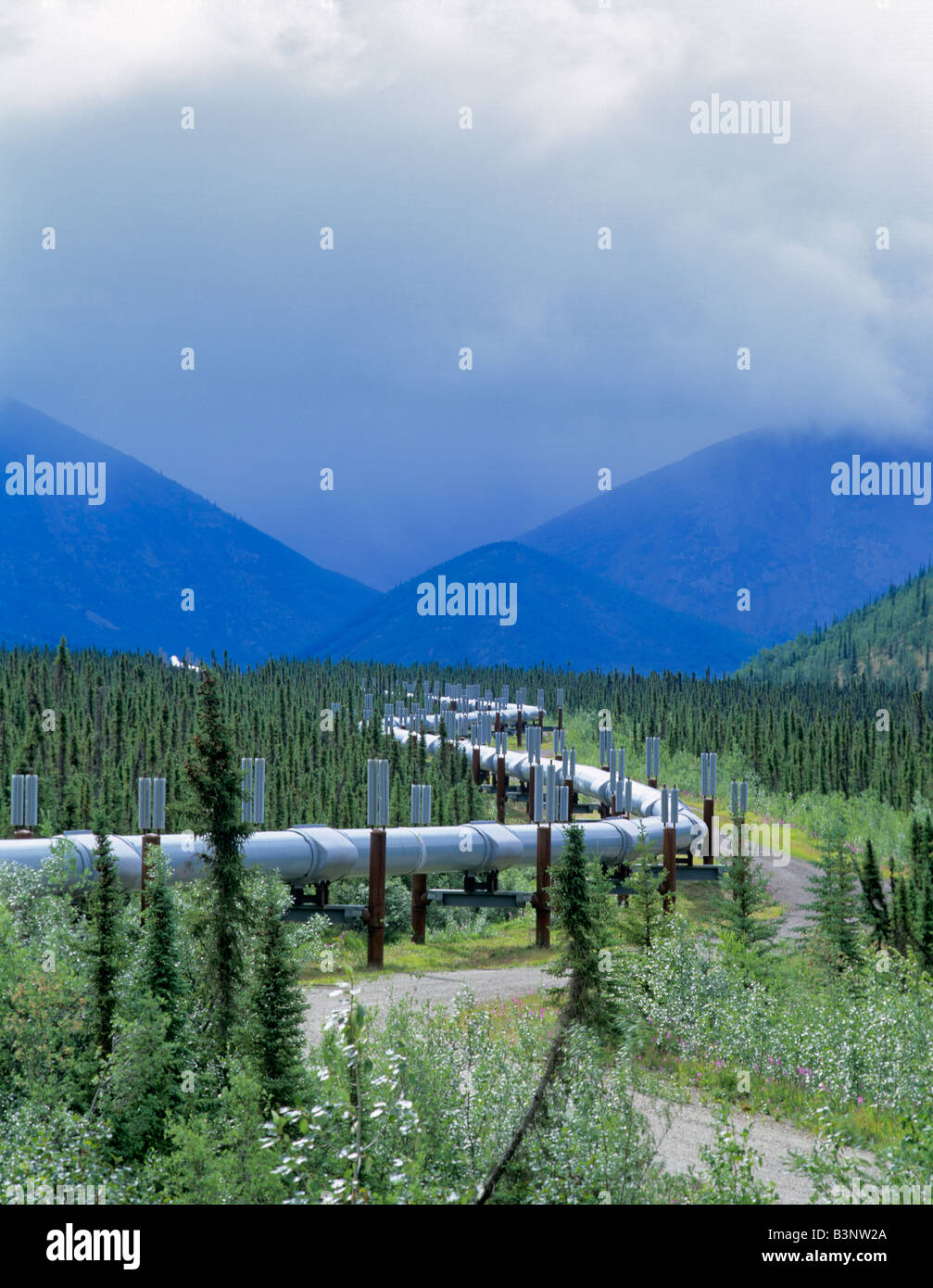 Oil pipeline and storm Near Coldfoot Alaska Stock Photo