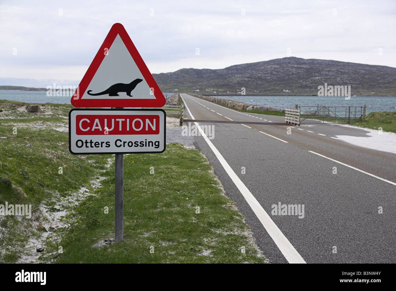 Caution Otters Crossing warning sign on causeway between South Uist and Eriskay, Scotland in May (taken from Eriskay side). Stock Photo