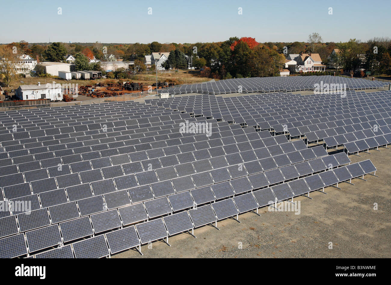 Solar panels at an electricity generating solar array in Brockton
