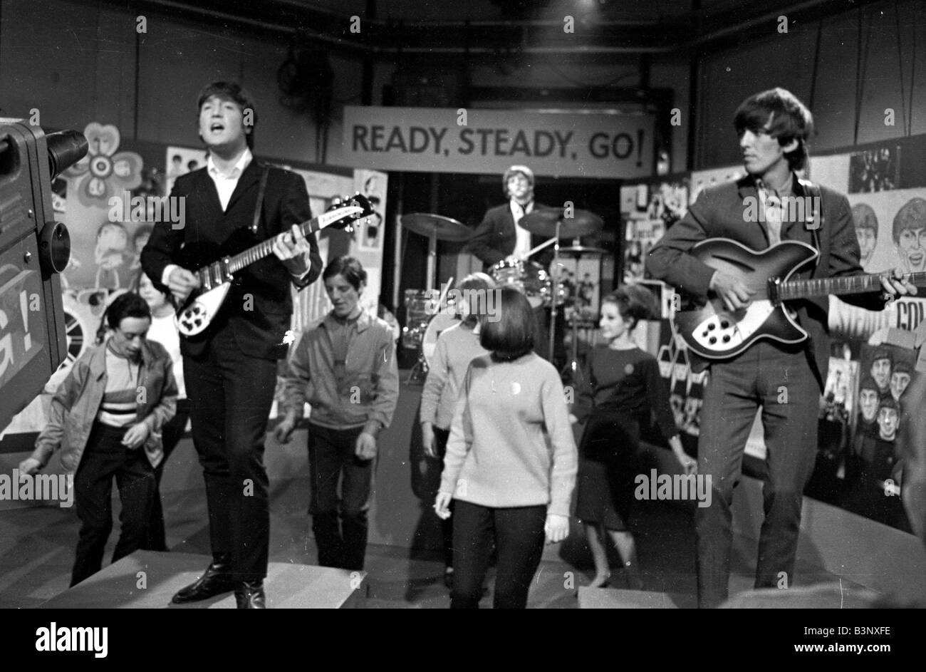 The Beatles At Television House Kingsway For An Appearance On The Television Show Ready Steady Go John Lennon And George Harrison And Ringo Starr Playing March 1964 Stock Photo Alamy