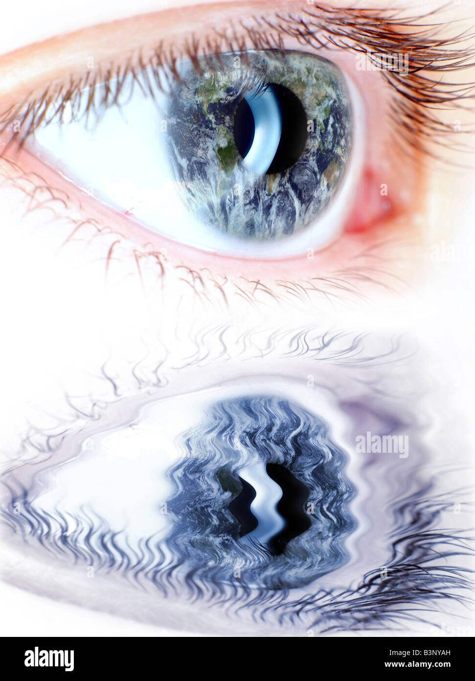 blue eye in macro with earth map on iris and water reflection extreme detail Stock Photo