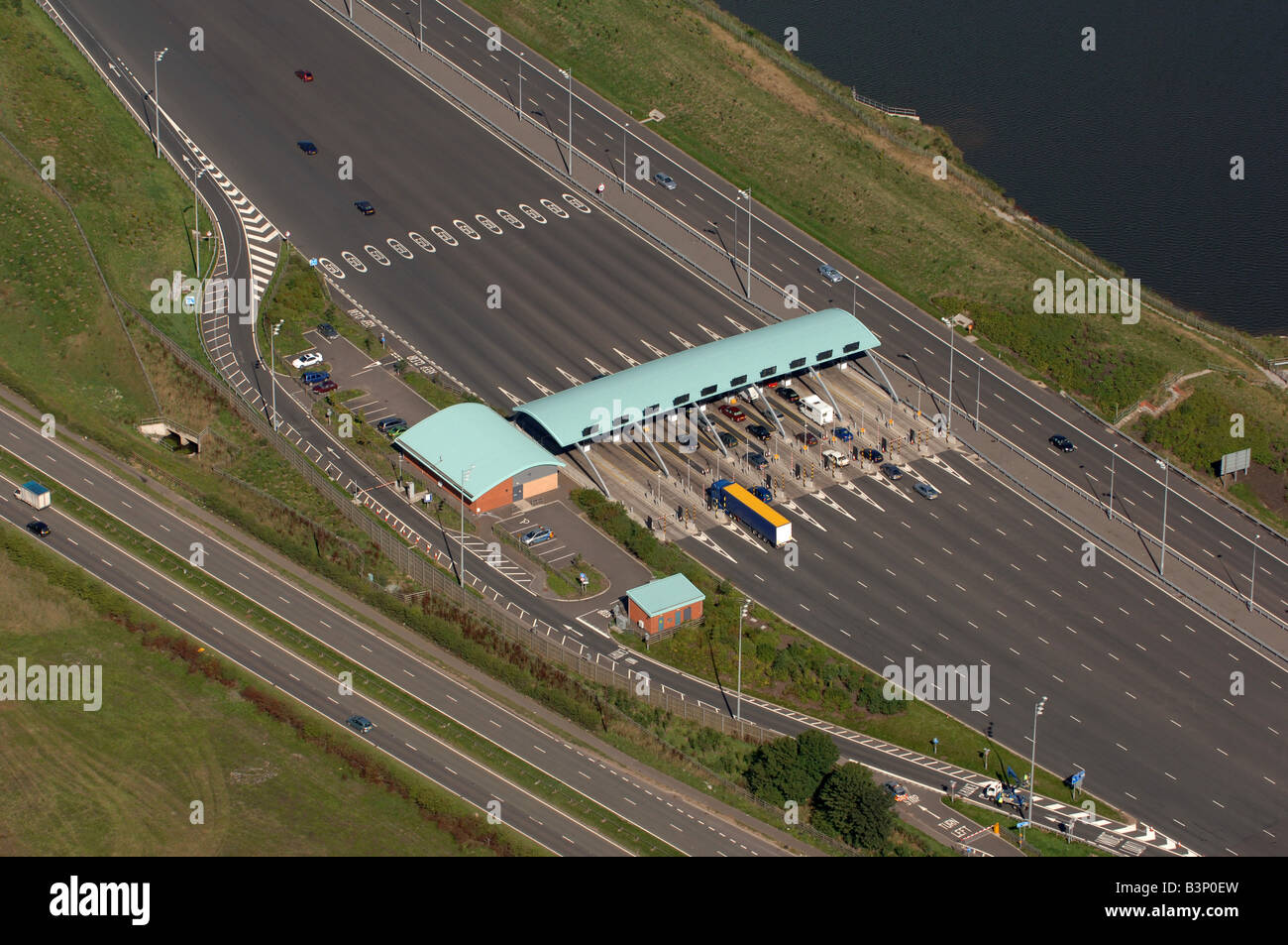 An aerial view of M6 Toll motorway pay station Stock Photo Alamy