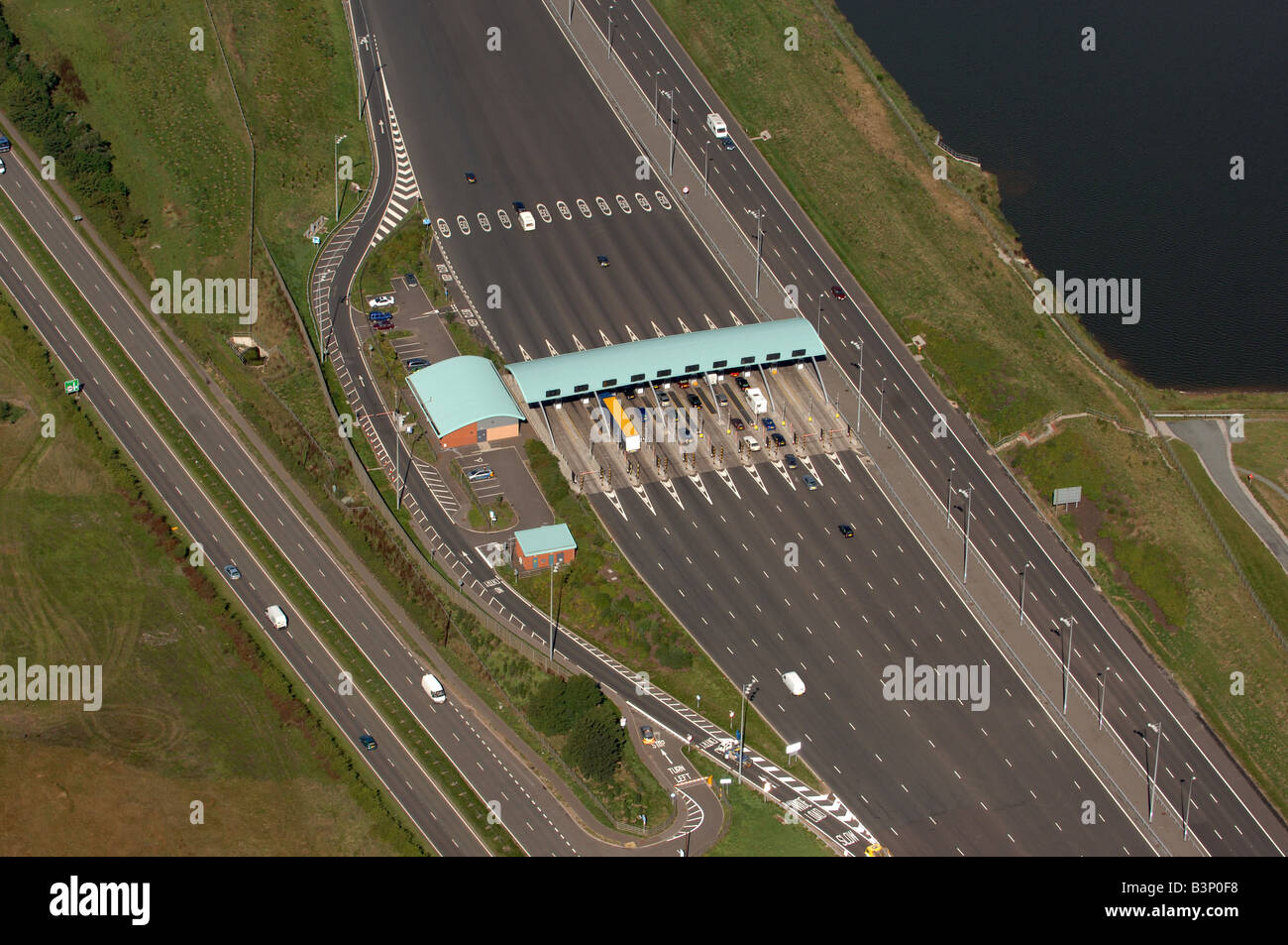An aerial view of M6 Toll motorway pay station in Staffordshire England ...