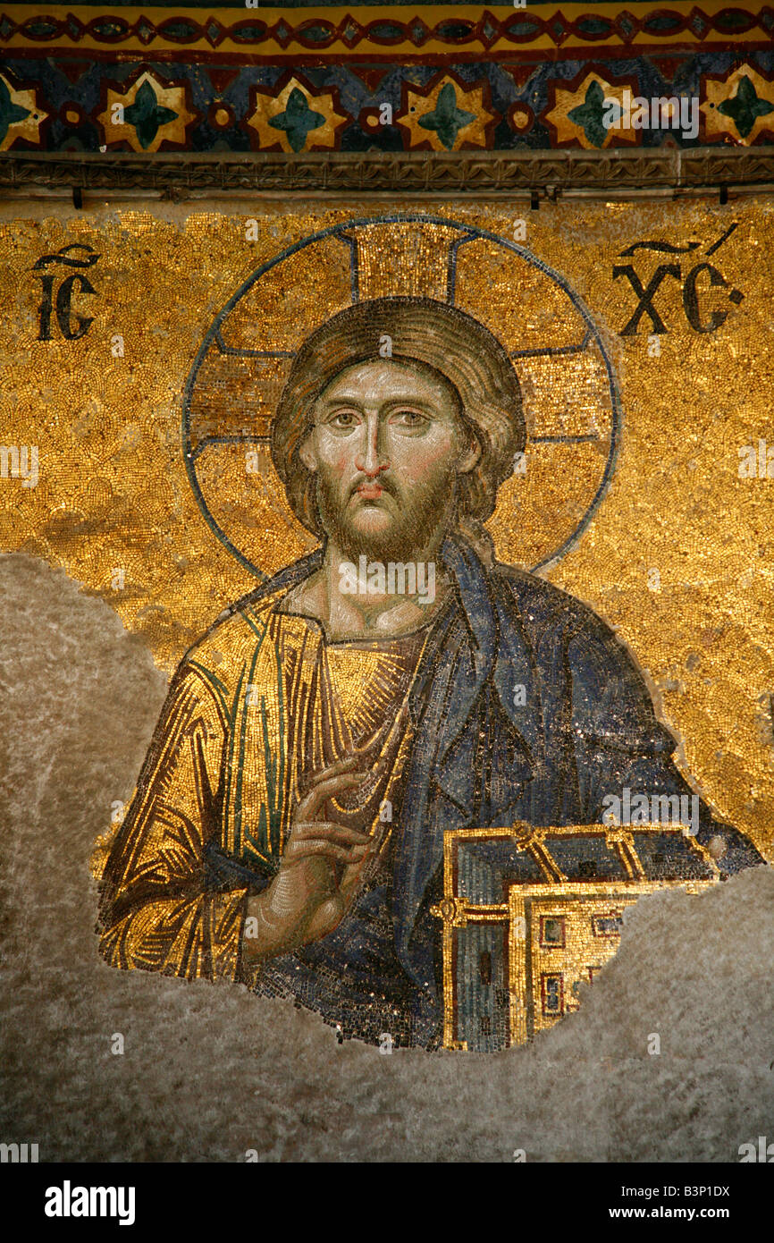 May 2008 - Byzantine mosaic of Jesus in the Haghia Sophia Istanbul Turkey Stock Photo