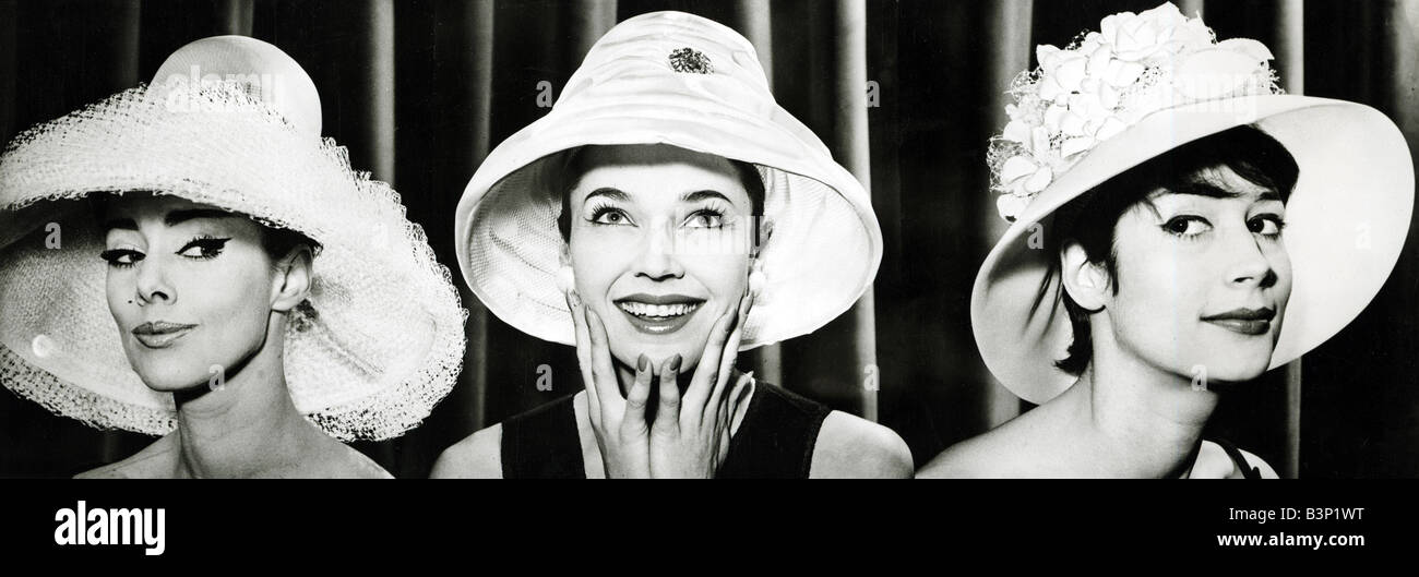 Fashion models in the 1960s modeling Simone Mirman hats for Princess Margaret Stock Photo