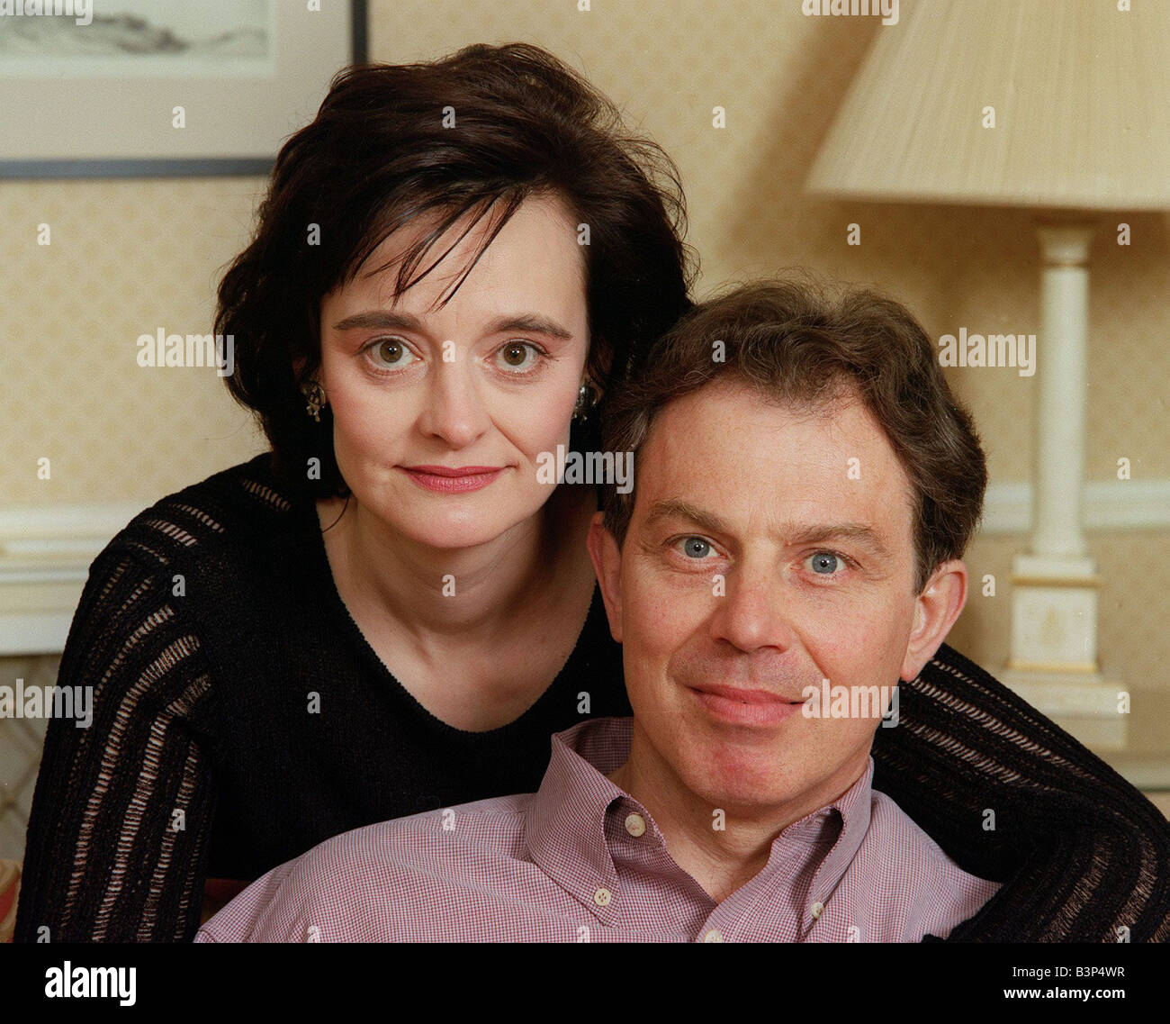 Tony Blair and wife Cherie Blair at home before the start of the 1997 election campaign Stock Photo