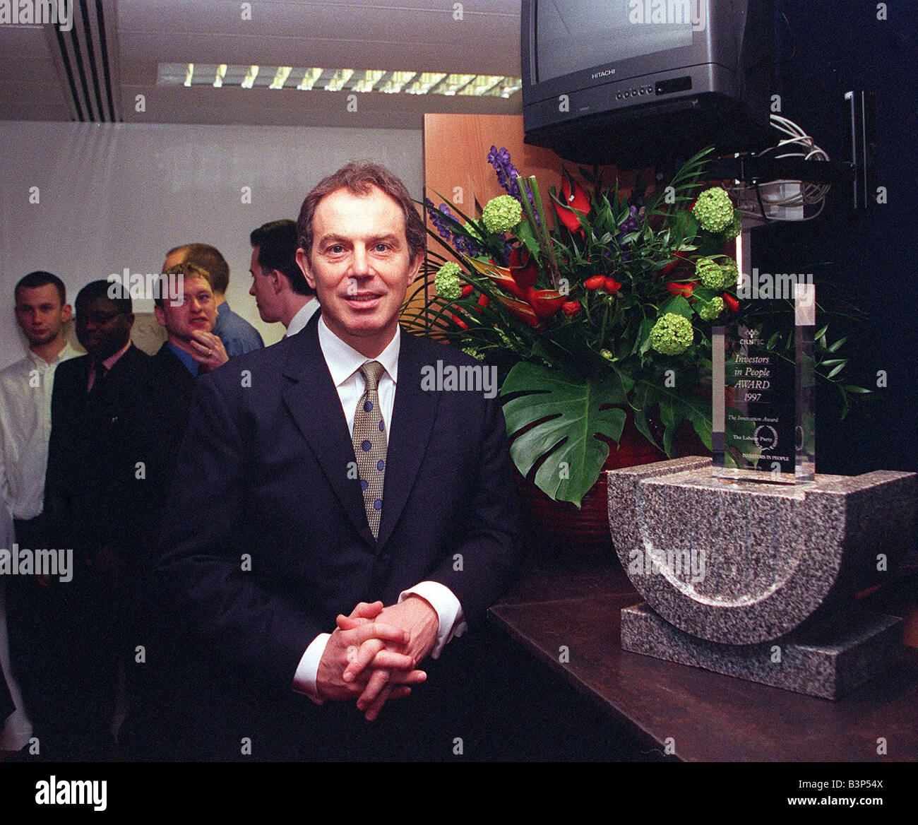 Tony Blair at Labour Party headquarters Millbank Tower standing in the reception before NEC Meeting London 1998 Stock Photo