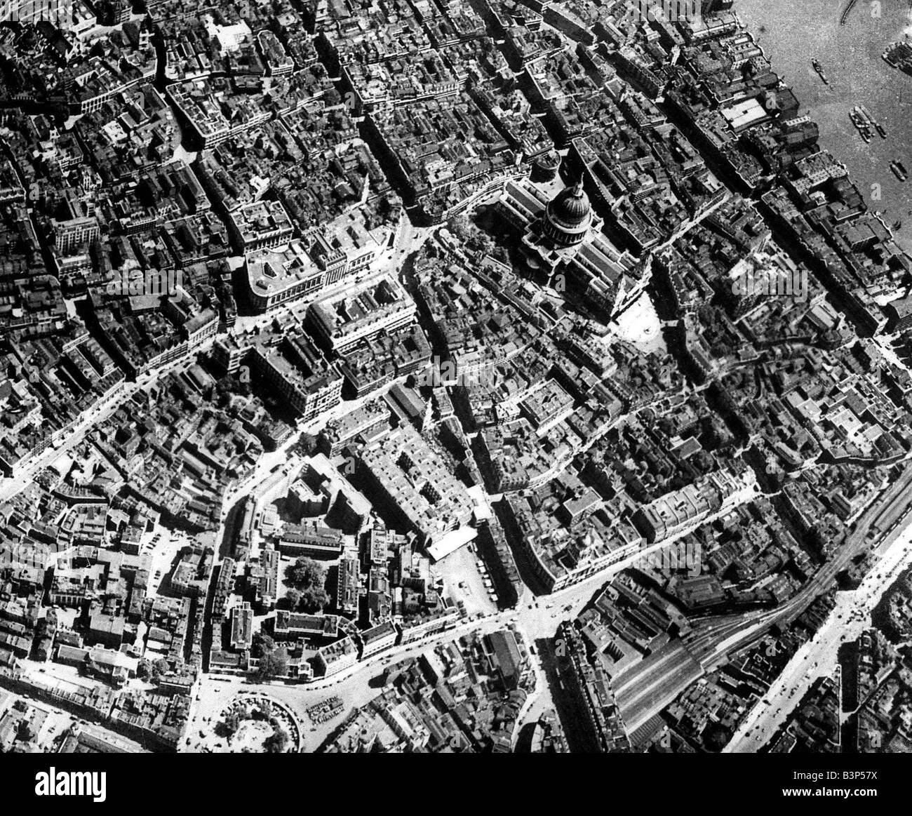 Aeriel view of St Paul Cathedral London after air raid damage during WW2 Stock Photo