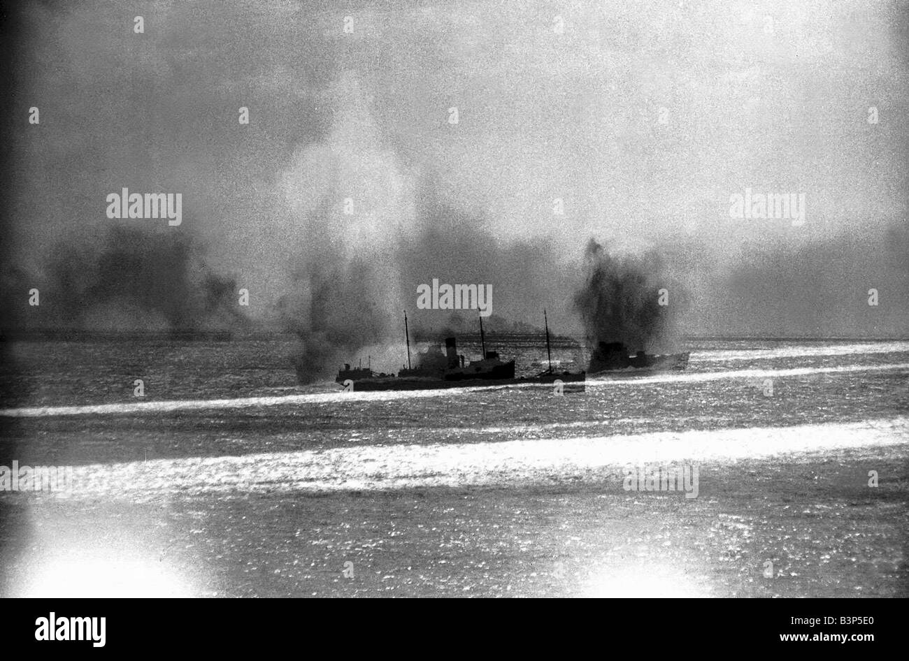 Convoy being bombed in the straits of Dover In 1940 the German Luftwaffe started to concentrate on aerial attacks on shipping in the English Channel The plan of the man in charge Hermann Goering was to lure British planes into dog fights with German Messerschmitts Goering projected that although the RAF had 1 500 aicraft they did not have enough pilots He also felt it more likely thata plane shot down over the channel would inevitably mean the loss of the pilot Stock Photo