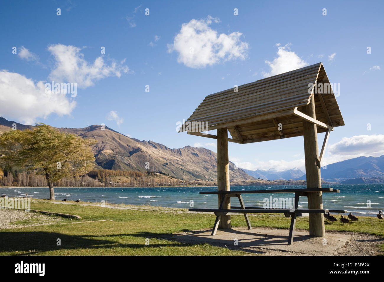 Wanaka Otago New Zealand Picnic table on lakeside walk at southern end