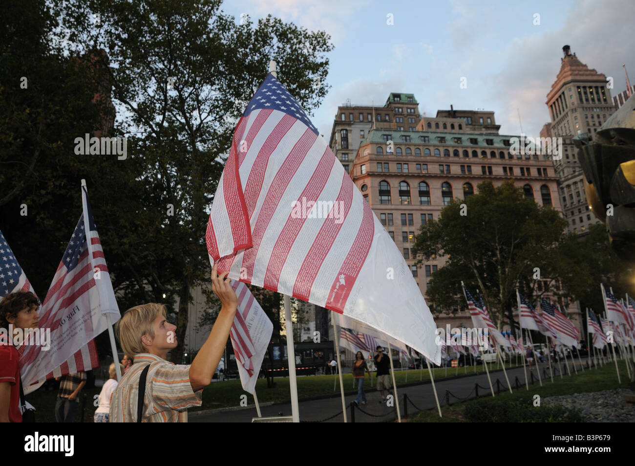U.S. flags in Battery Park marked the seventh anniversary of the World Trade Center attack. Stock Photo