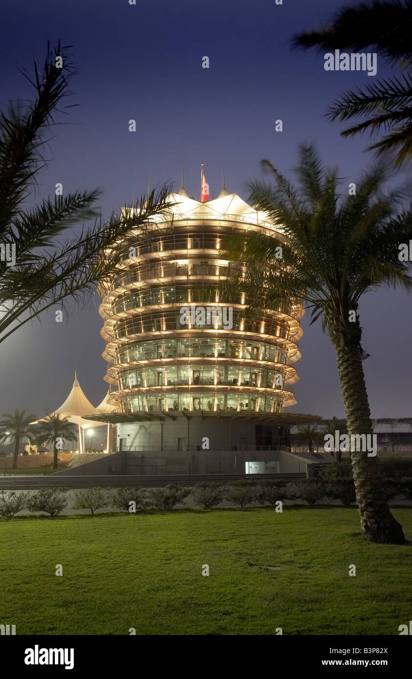 Night shot of the Sakhir Tower at the Bahrain International Circuit