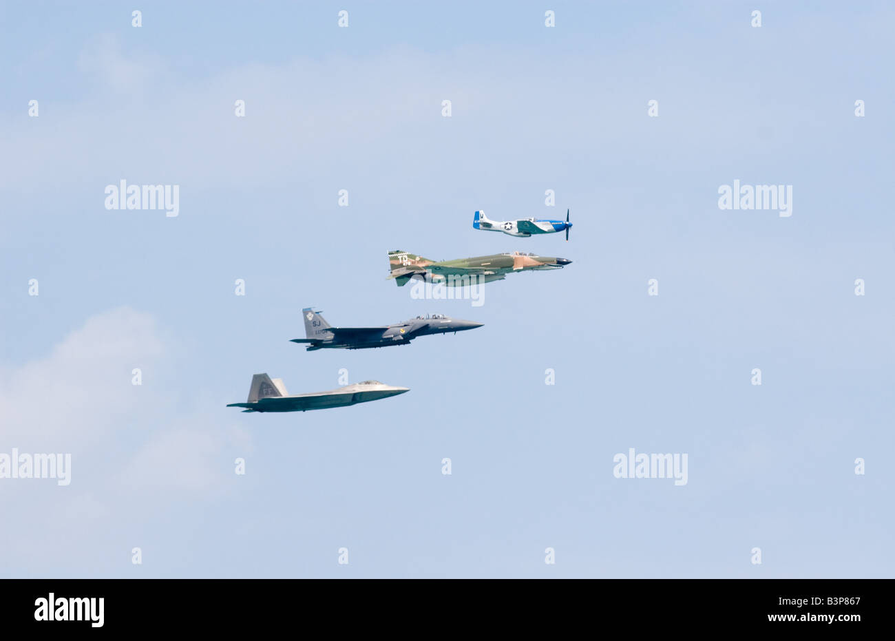 Fighter planes in the Heritage flight at the Chicago Air and Water show. Stock Photo