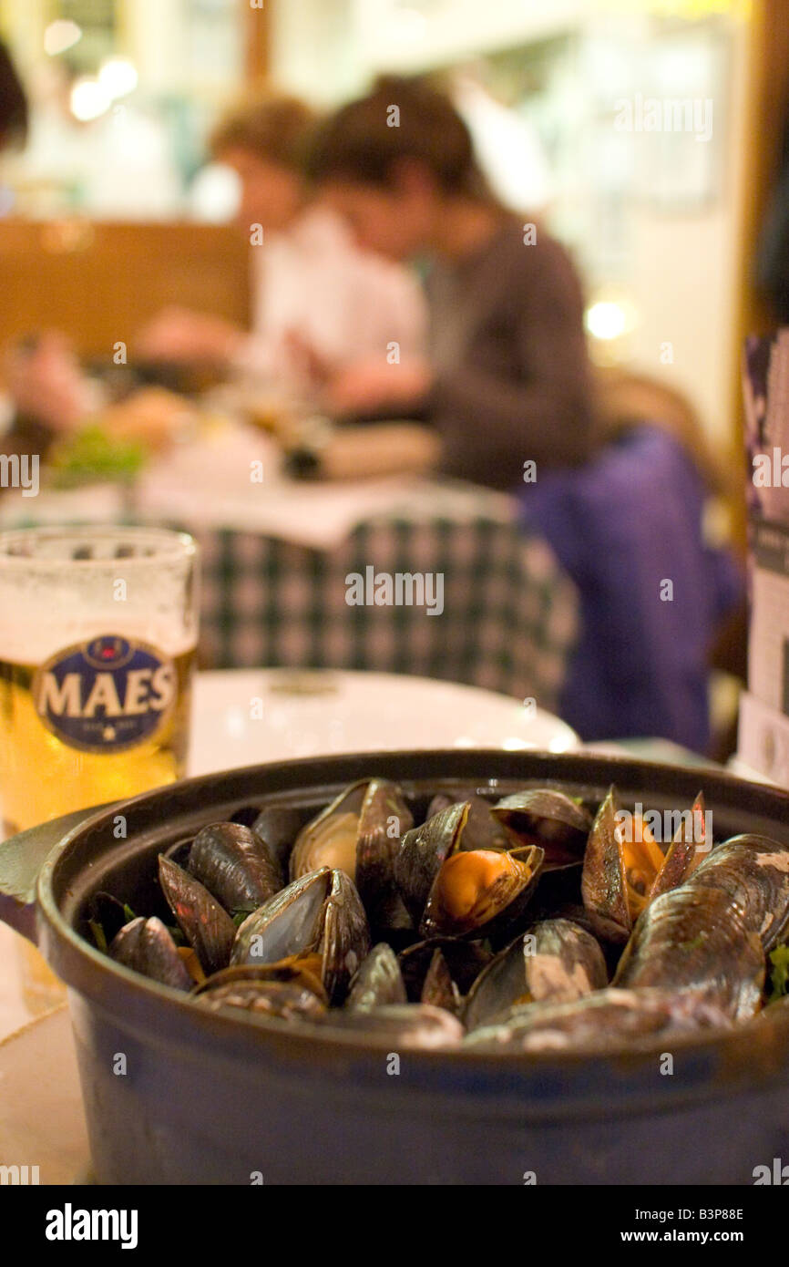 Local speciality of 'Moules Frittes' mussels and chips in popular