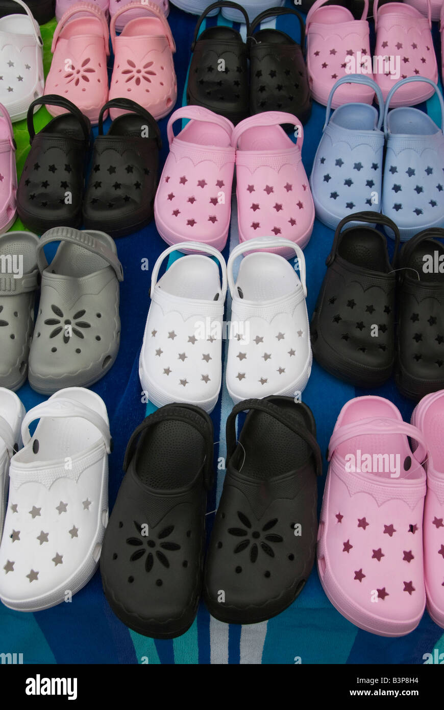 Carteret, Normandy, France. Crocs shoes on a stall in the weekly market  Stock Photo - Alamy