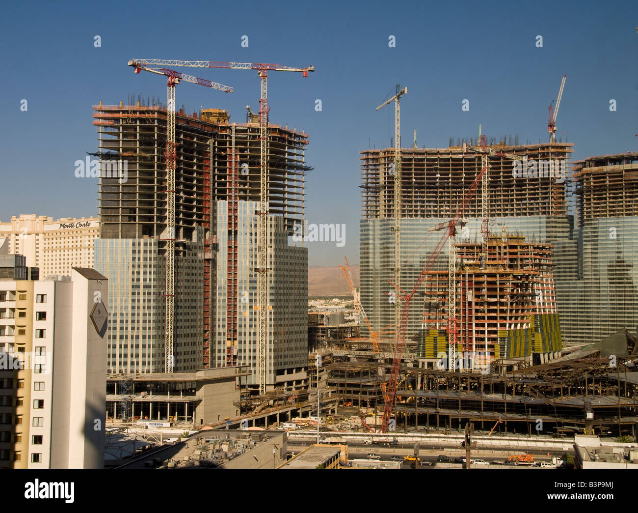 aerial daytime view of city center construction on las vegas strip