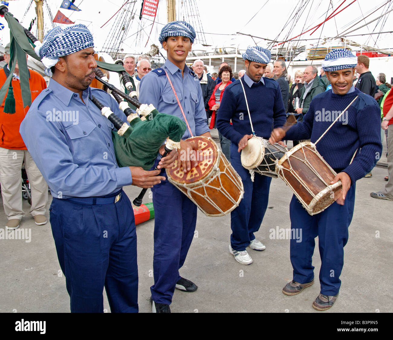 the crew of an oman ship entertain visitors to the tall ships pre- race festival at the docks in falmouth,cornwall,uk Stock Photo