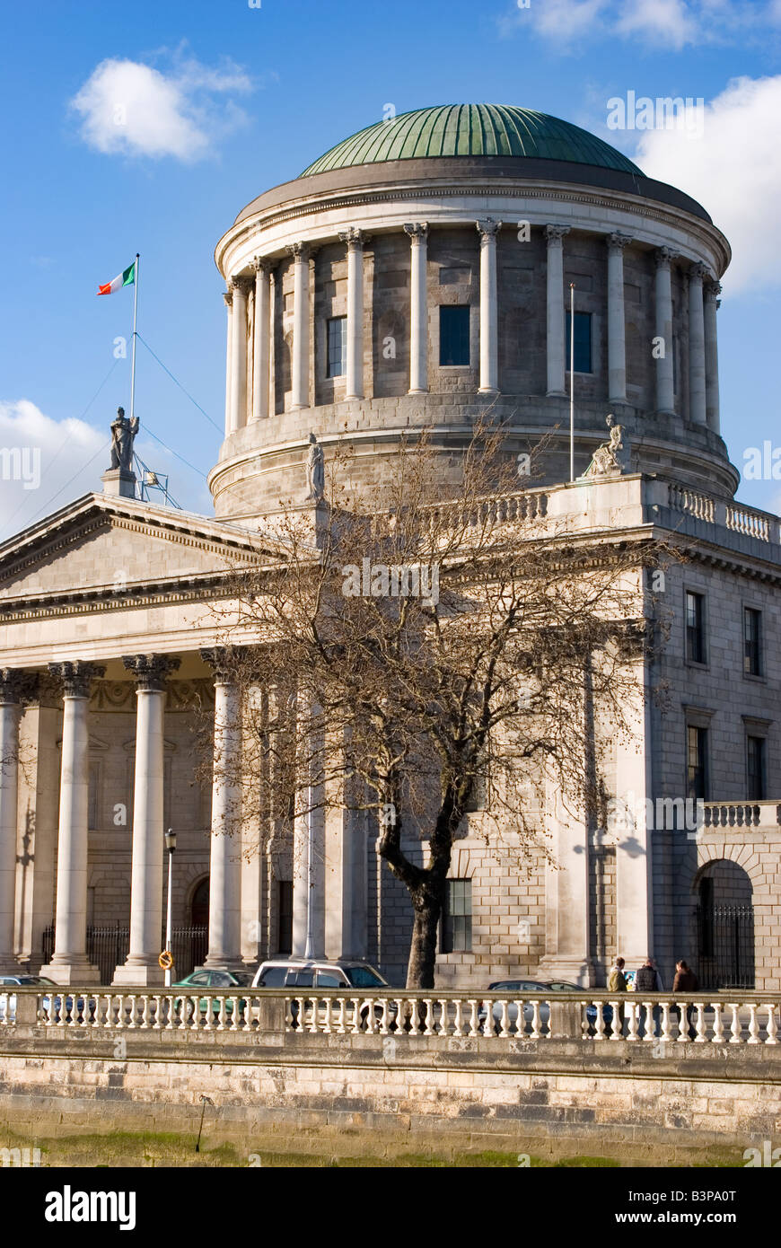 Close up detail showing stone statues, pillars and irish flag on the