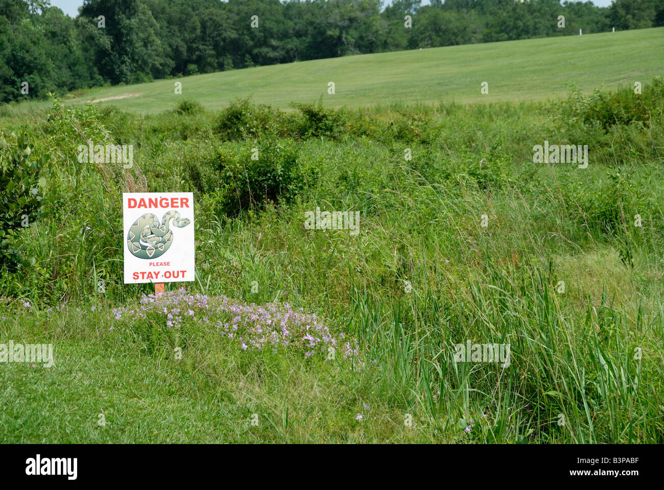 sign warning of Rattlesnakes, Andersonville, GA Stock Photo