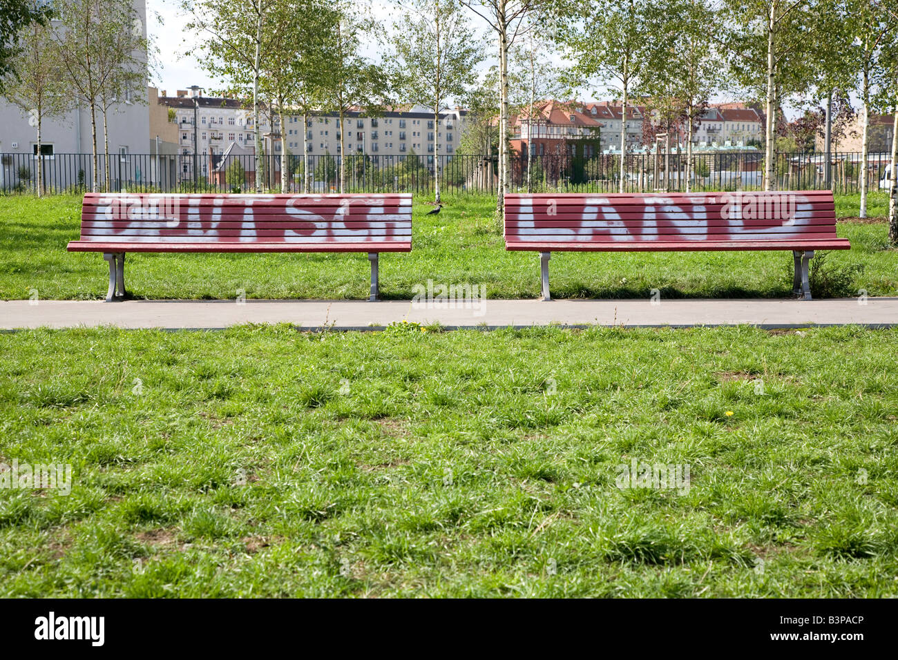 2 wooden bench s in Berlin with the word Deutschland Germany written across them Stock Photo