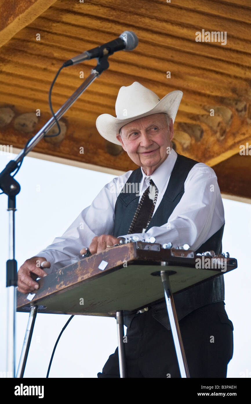 Texas Turkey annual Bob Wills Day celebration Texas Playboys western swing band in concert steel guitar player guitarist Stock Photo