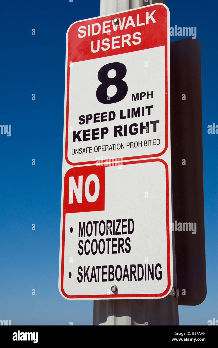 Posted pedestrian bike signs balboa peninsula newport beach, orange county, california, ca usa three miles 5 km long, california Stock Photo