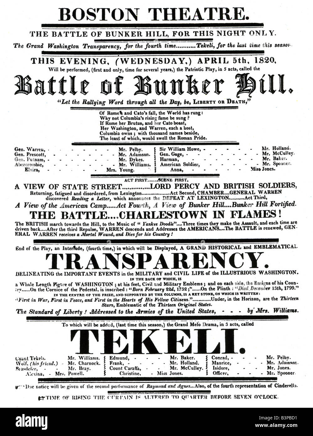 BATTLE OF BUNKER HILL Poster for theatrical re-enactment at the Boston Theatre in April 1820. The battle was in 1775 near Boston Stock Photo