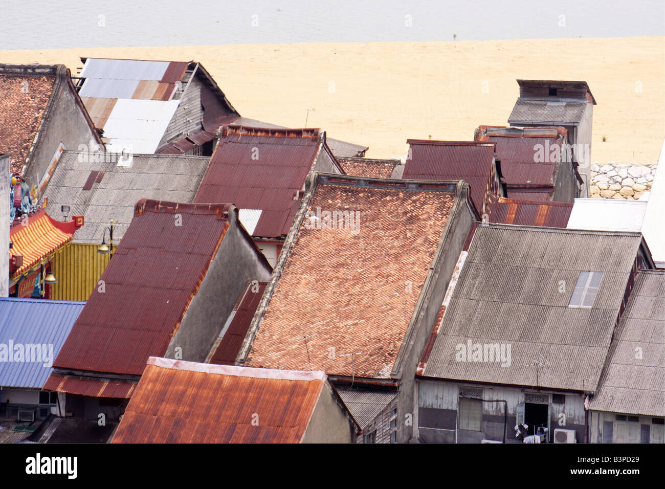 Roof tops of closely packed traditional buildings in China town of Kuala Terengganu, Malaysia Stock Photo