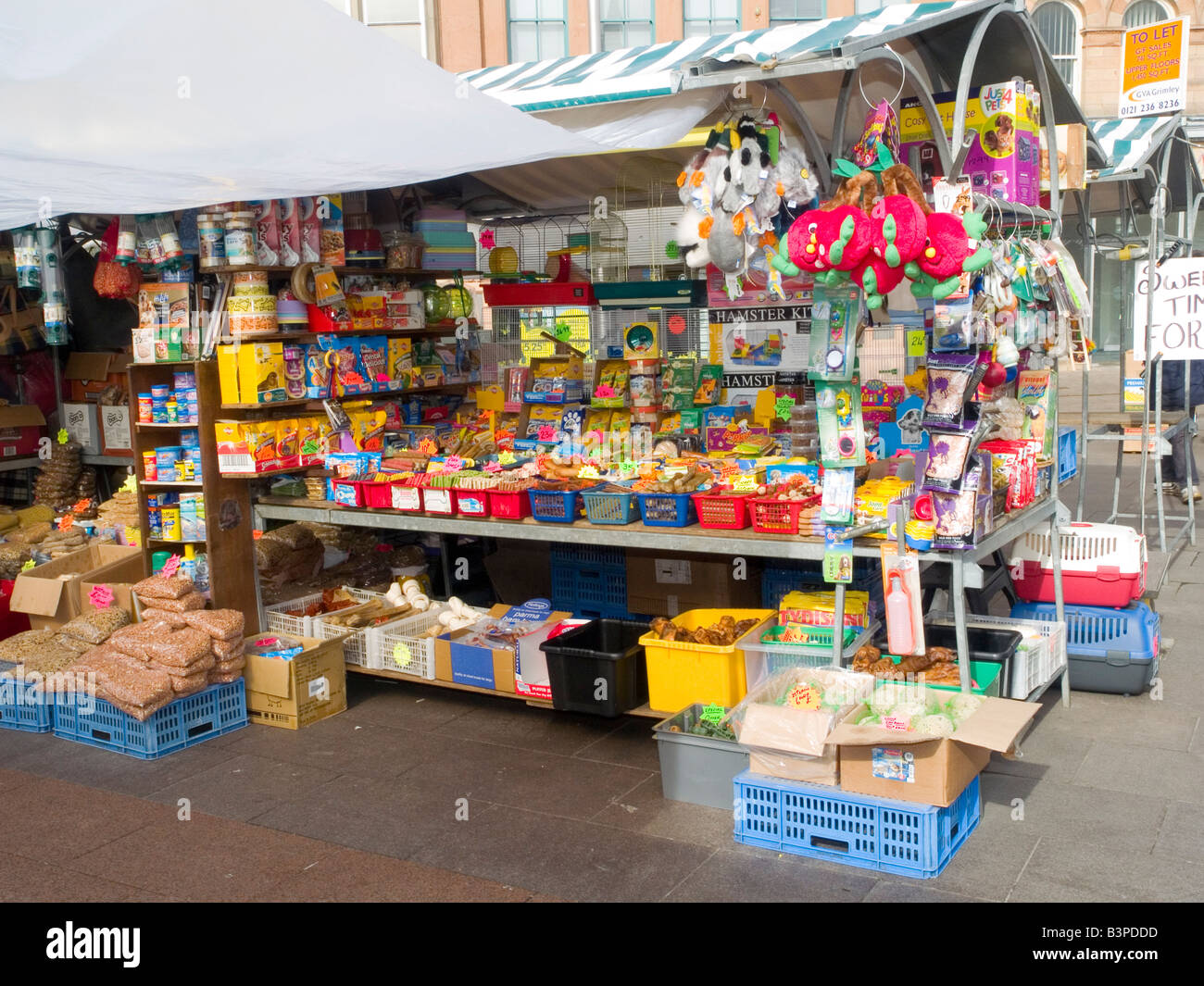 Close up of a pet stall in the Town Centre Market Place, Mansfield