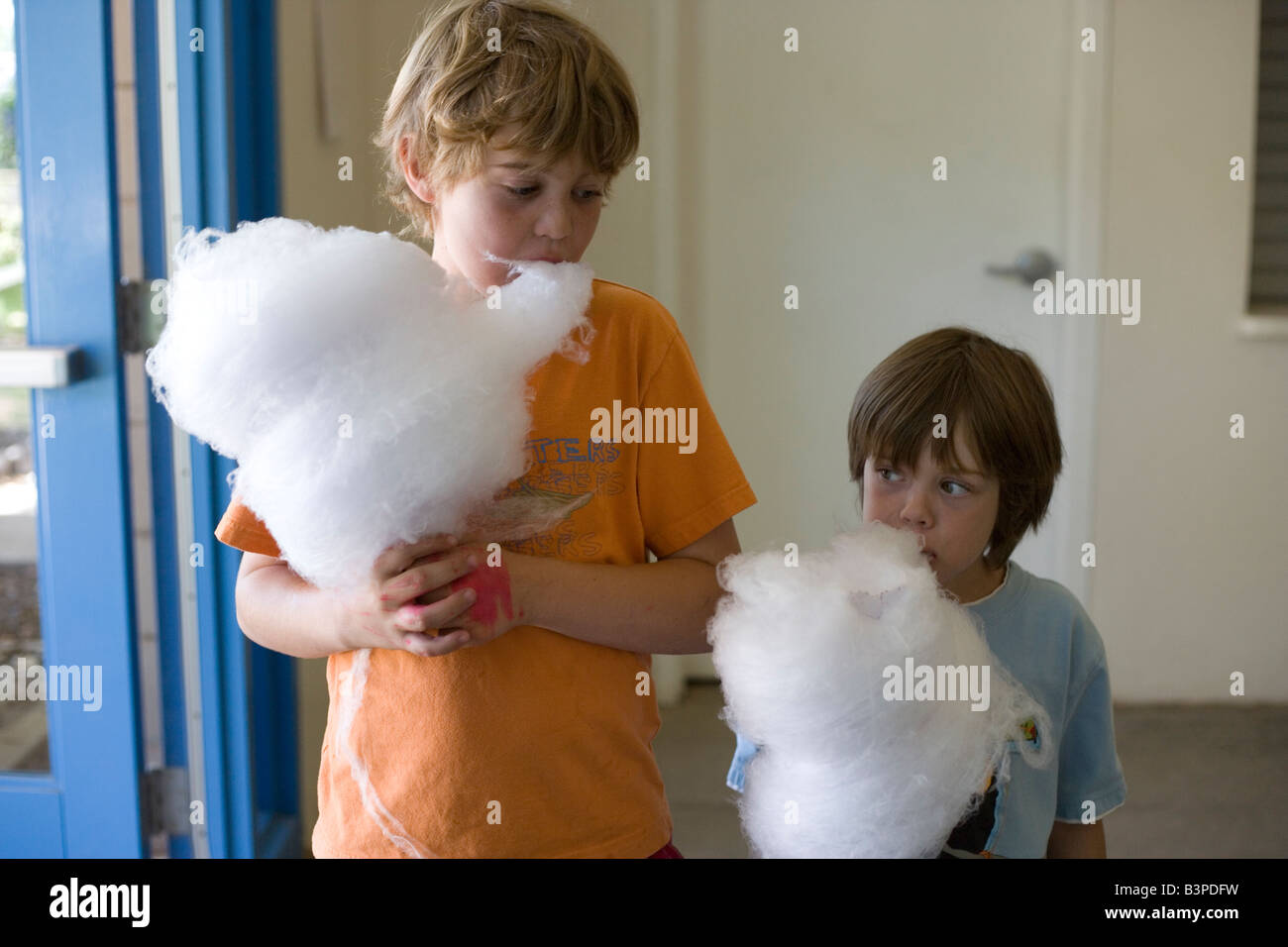 two brothers eating large amounts of cotton candy Stock Photo