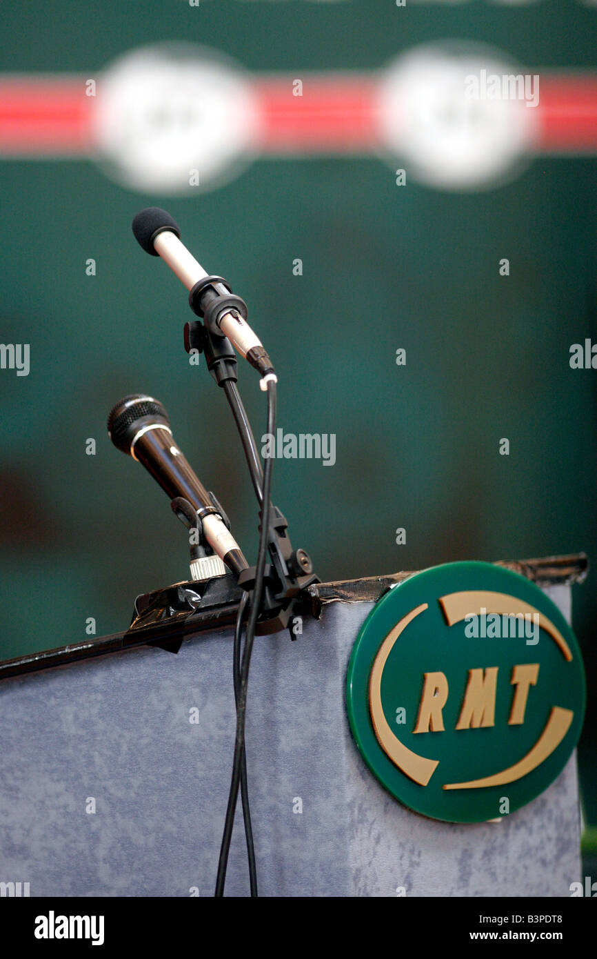 Microphones and podium at an RMT Union conference Stock Photo