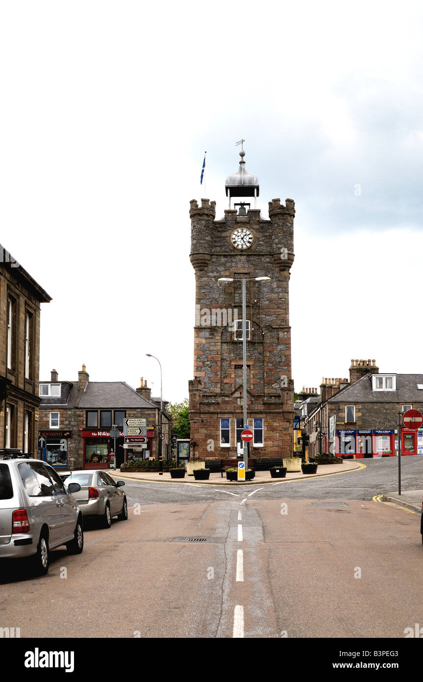 Historic tower in Dufftown, the Whisky Capital of Scotland, starting point of the signposted Malt Whisky Trail, approximately 1 Stock Photo