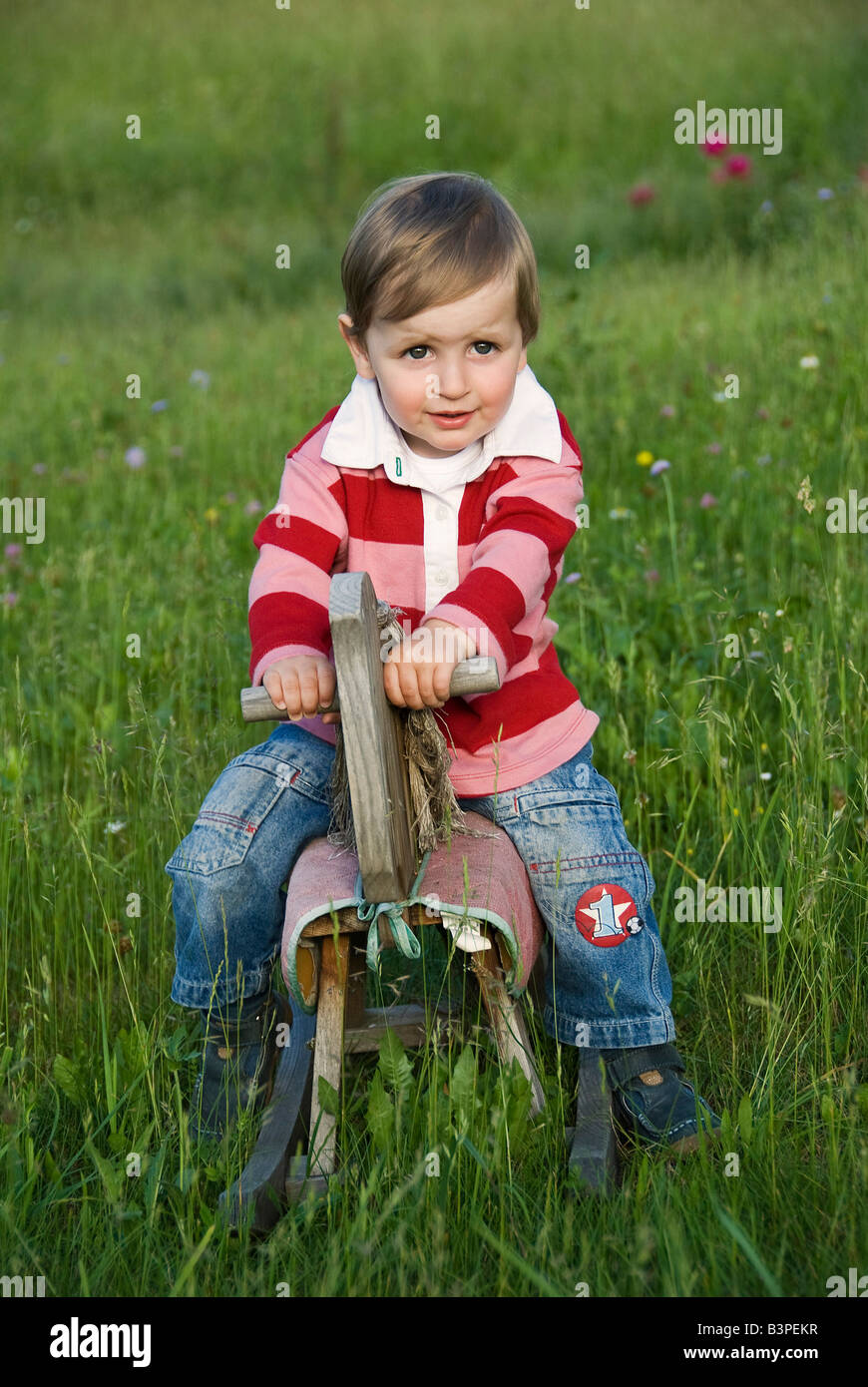 Small cowboy, an 18-month-old boy riding a rocking horse in a field, Austria, Europe Stock Photo