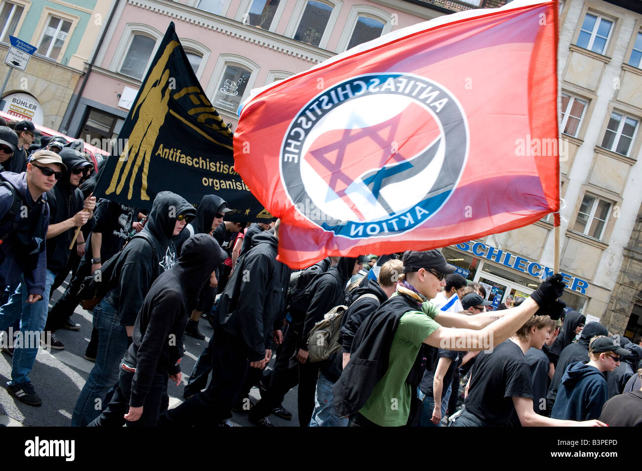 Counter demonstration of anti-fascist autonomist groups and Bamberg citizens because of a conference of the NPD-federal party Stock Photo