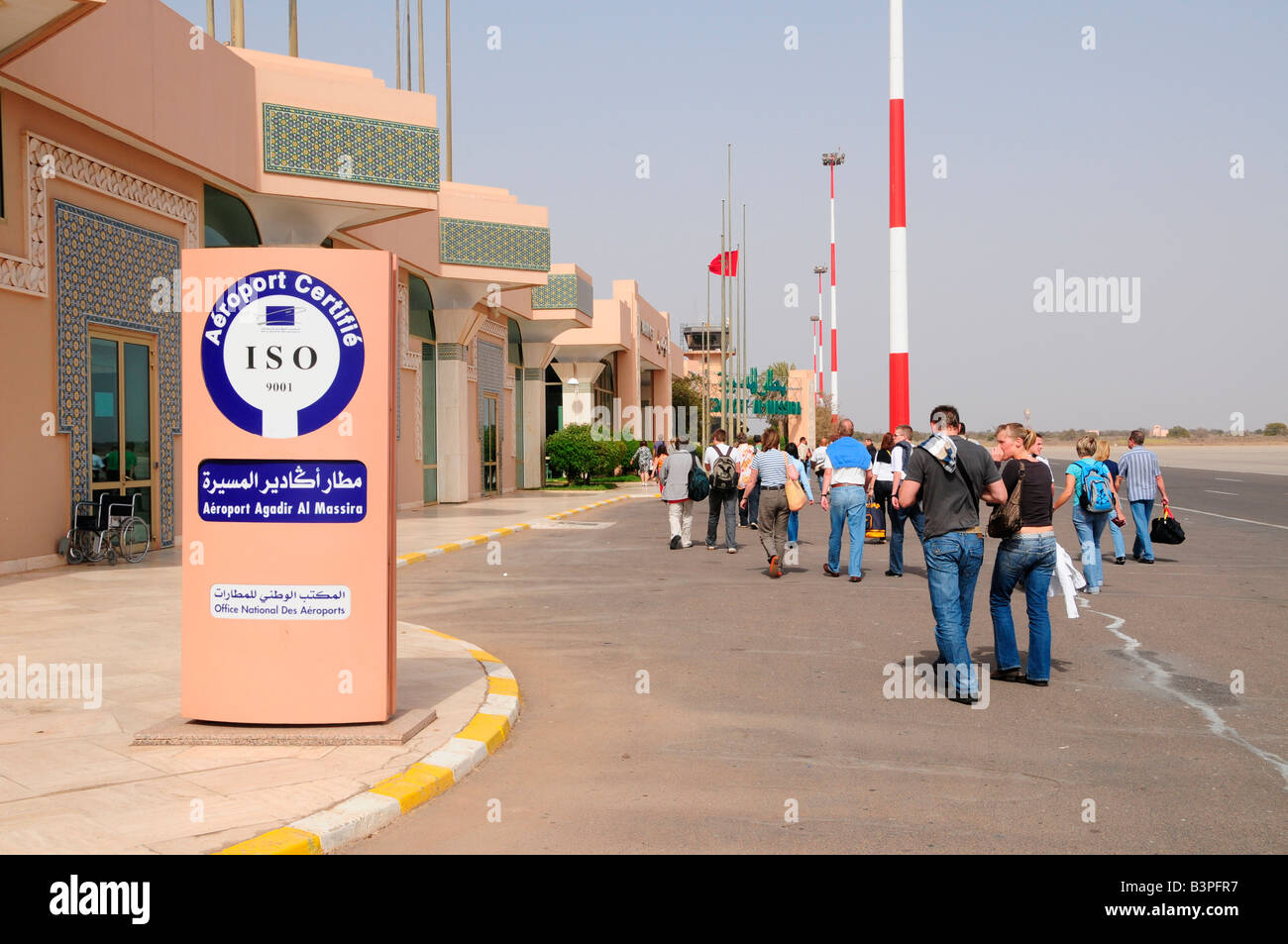 Sign 'ISO-9001 certification for the airport', Al-Massira Airport, Agadir, Morocco, Africa Stock Photo