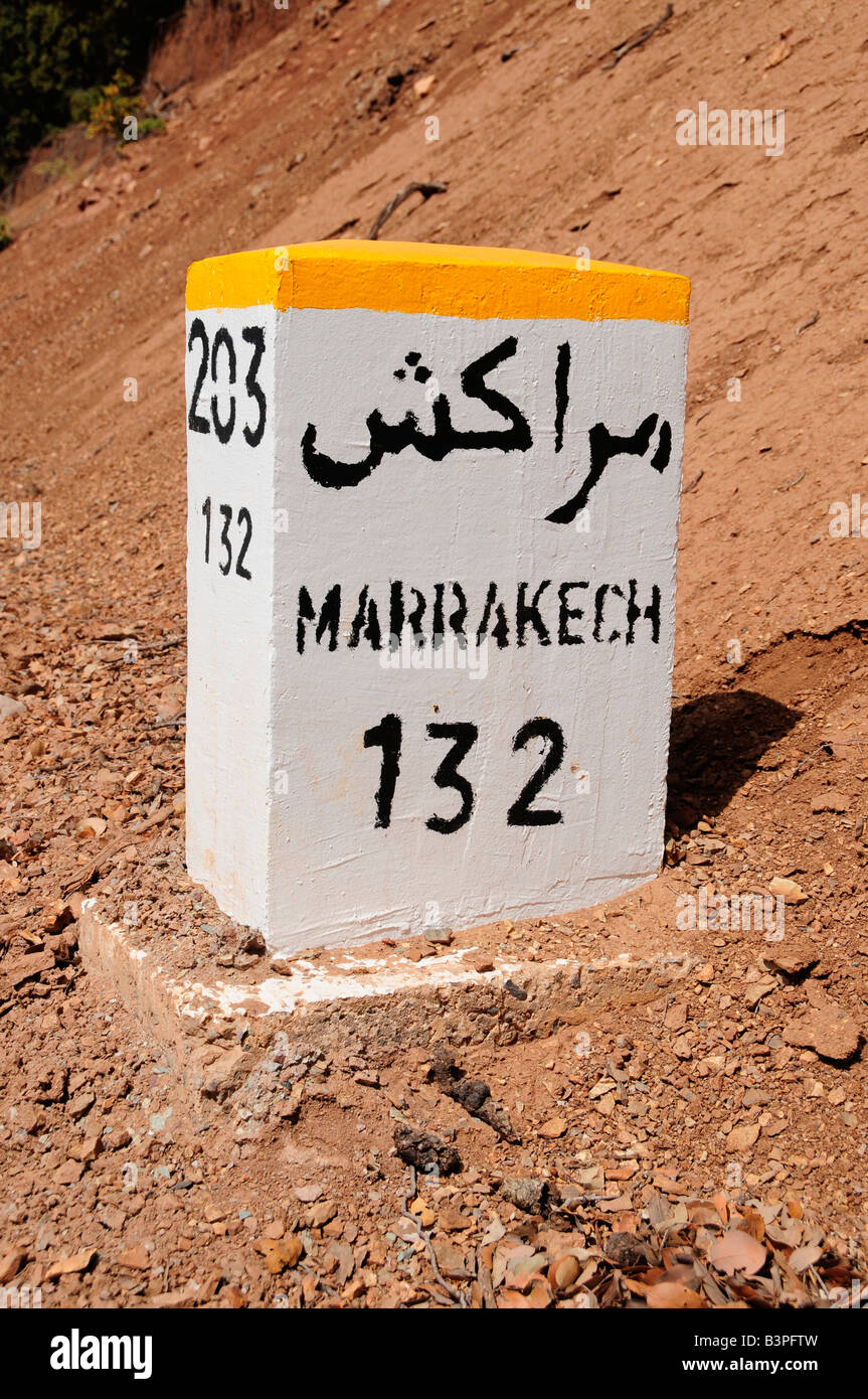 Kilometre stone 'Marrekesh 132' next to the Tizi-n-Test-Pass, 2100m, High Atlas Mountains, Morocco, Africa Stock Photo