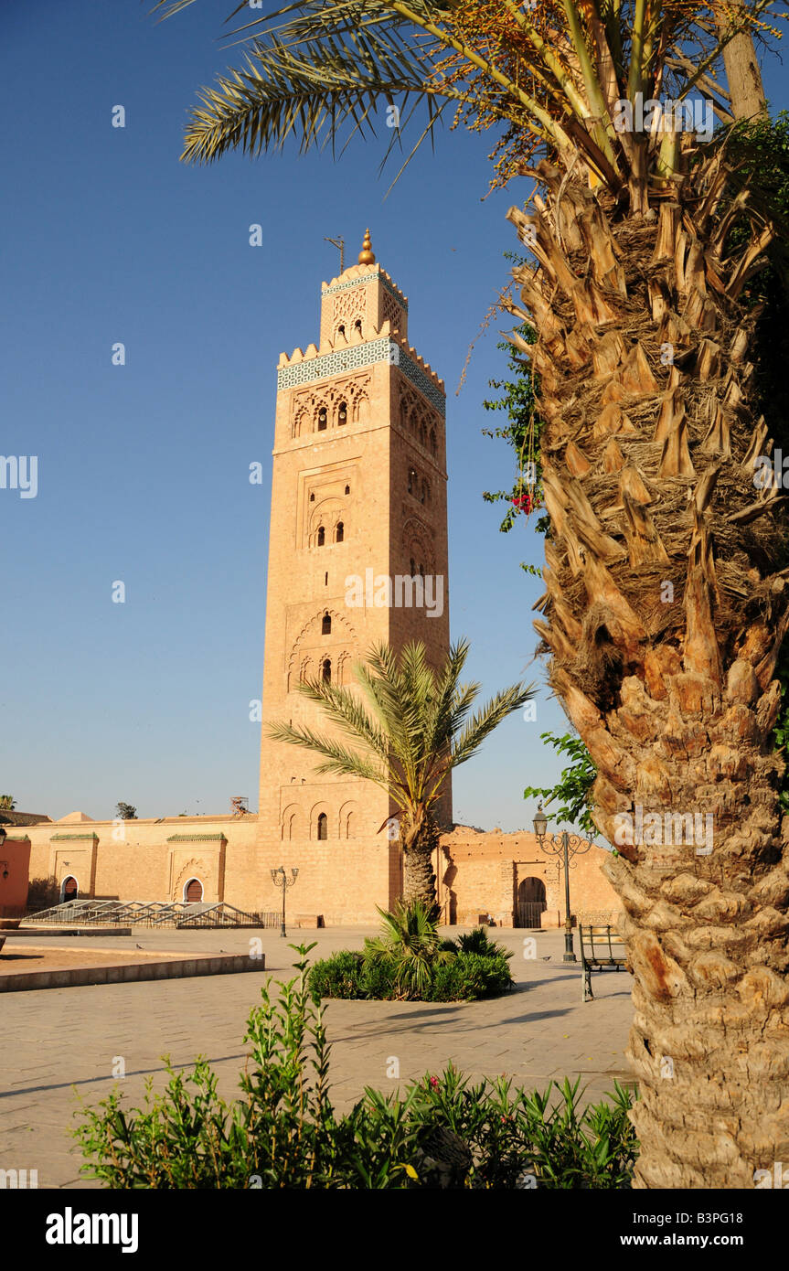 Minaret of the Koutoubiya-Mosque of 1158, the only completed minaret of the Almohaden period, Marrakesh, Morocco, Africa Stock Photo